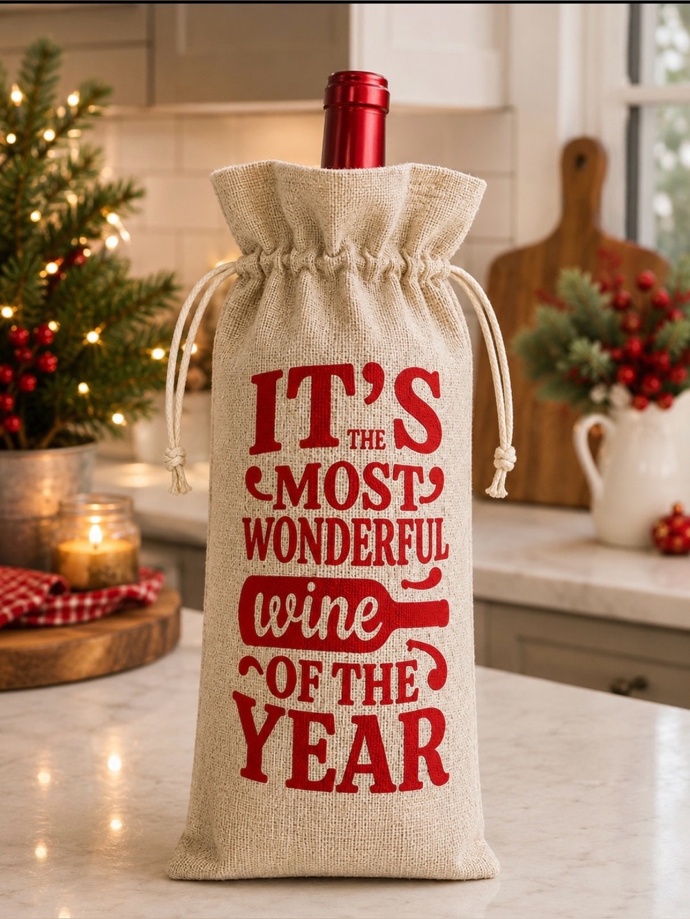 It’s the Most Wonderful Wine of the Year Burlap Jute Wine Bottle Gift Bag